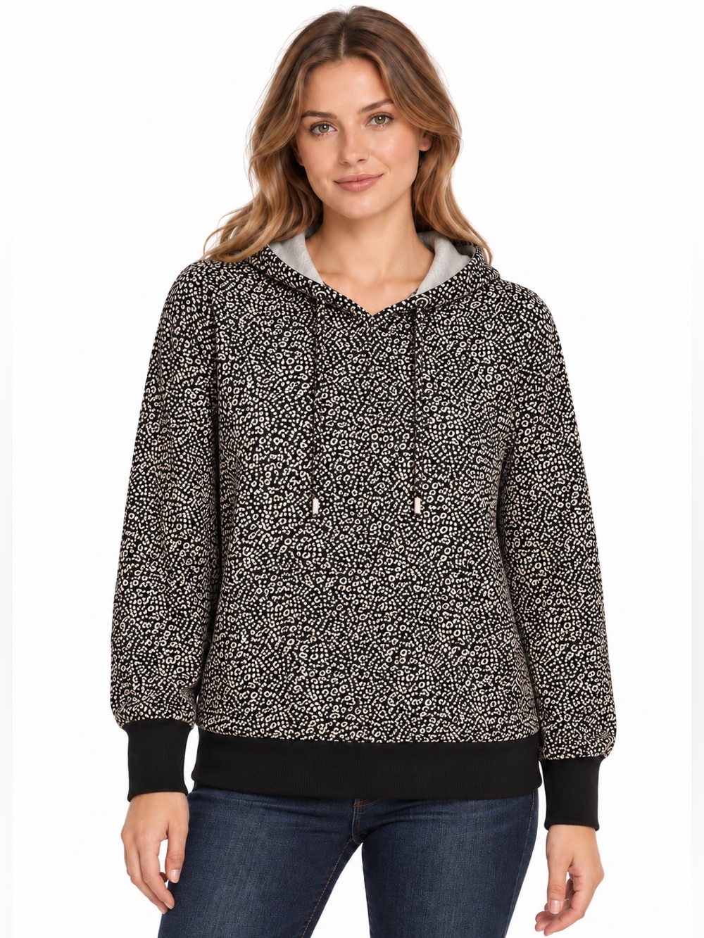 Nine West Black & Cream Leopard Print Pullover Hoodie - Size medium